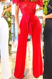 Women Slim Wide Leg Pants Overall Elegant Stitch Lace Solid Jumpsuit One Piece 2023 Commute Short Sleeve Lace-up Summer