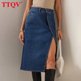 Fashion Dark Blue Jeans Skirts For Women Autumn Elegant High Waisted Knee-length Skirts Casual Straight Skirts