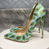 printing green 12cm pumps stiletto pointed toe sexy shoes party nightclub women shoes 8cm 10cm high heel purple