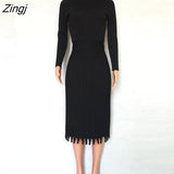 Women Knitted Long Dress Ribbed Elegant Midi Bodycon Sweater Dress Official Ladies Bandage Pleated Dresses