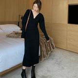 Long White Knitting Dress Women Winter V-Neck Long Sleeve Bodycon Dress Korean Office Lady High Waist Vintage Dress