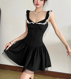 Black Lace Strap Pleated Mini Dress-Outfit
