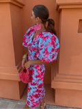 Women's Floral Print Cut Out Midi Dress Elegant Puff Short Sleeve V Neck Split Slim Vestido New Female Summer Party
