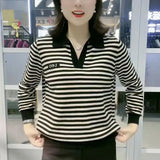 Winter Oversized Polo-neck Striped Casual Fashion T-shirt Lady Long Sleeve All-match Pullover Top Women Popularity