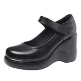 And Autumn Women's Shoes Thick Bottom Slope And Shallow Single Shoes High Heels Ladies Leather Shoes Magic Stick Round Head Loose Cake Middle-Naught Mother