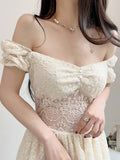 Sexy Sweet Lace A-Line Dress See Through Slim Square Collar Puff Sleeve Mini Dresses For Women 2022 Summer Fashion