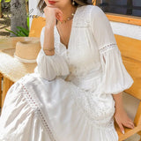 2022 Boho Women Maxi Party Dress Single Breasted Sexy White Lace Cotton Tunic Long Beach Dress Summer
