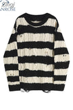 And White Striped Gothic Sweaters Women Ripped Holes Loose Knitted Pullover Frayed Fairy Grunge Jumpers Streetwear