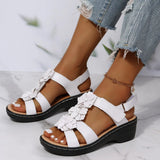 for Women's Summer 2022 Plus Size Casual Round Toe Flower Sandals Women Wedge Roman Sandals Women PU Leather