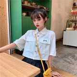 Women's Shirt Short Sleeve Harajuku Summer Vintage Kawaii Blouse Soft Girls Korean Style Button Up Yellow White Crop