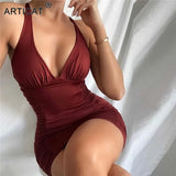 Deep V-neck Ruched Mini Dress Women Brown Spaghetti Strap Clothing Women Spring Casual Partywear Slim Elegant