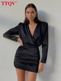 Elegant V-neck Full Sleeve Black Dresses For Women 2022 Fashion Ruched Slim Mini Dress Autumn Solid Office Lady