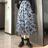 Tulle Skirt Women Vintage Butterfly Embroidery Elastic High Waist A-Line Mesh Pleated Skirt Female Midi Skirt Faldas
