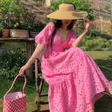 Zingj Shot Summer Dress New Retro Hollow Out Embroidery Short Sleeve Dress Deep V Bubble Sleeve Sweet