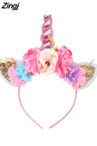 New 2023 Women Kids Party Gold/Silver Unicorn Horn Headband Flower Horn Girls Headwear Birthday Hairband Hair