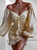 Gold Polka Dot Print Ruffle Mini Dresses Fashion Long Sleeve Short A-Line Dress Sexy Off Shoulder Deep V Neck Party