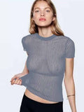 Zingj Wool Chic White Elegant Striped See Through Women Tops Outfits Short Sleeve T-Shirts Tees Skinny Club Party Clothes 211-1-Outfit