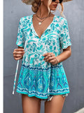 Summer Boho Blouse Women Floral Print Womens Tops And Blouses V Neck Short Sleeve Blouse For