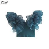 Women High Street Pleat Ruffles Organza Patchwork Knitting Short Smock Blouses Female Crop Shirt Chic Blusas Tops