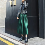 2020 Women Long Metallic Silver Maxi Pleated Skirt Midi Skirt High Waist Elascity Casual Party