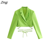 Women High Street Notched Collar Hem Lace Up Green Short Blazer Coat Female Long Sleeve Outerwear Chic Crop Tops