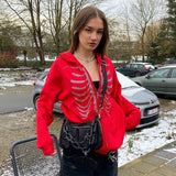 Rhinestone Skeleton Hoodies Women Gothic Black Zip Up Oversized Sweatshirts Female Retro Harajuku Hooded Jacket