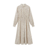 Dress 2021 Women Dress Midi Dress Long Sleeve Print O Neck Elastic Waist With Zipper Korean Fashion