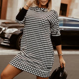 Women Long Sleeve V-neck Waist Commuter Office Dress Autumn Elegant Lady Dresses Casual Plaid Print Slim Stitching Long