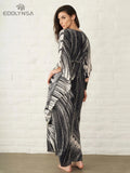 Elegant Quick-drying Striped V-Neck Self Belted Summer Beach Dress Black Cotton Tunic Plus Size Women Beachwear Kaftan