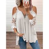 Elegant Hollow Out Shirt Women Sexy Lace Half Sleeve Zipper Casual T Shirt V Neck Loose Plus Size Sling Pullover