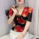 Women Half Sleeve Print Mesh T Shirts Lady Elegant Elastic Crossed V Neck Floral Tops Tees Female Fashion