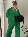 Casual High Wasit Pants Set Women Autumn Long Sleeve Blouses Matching Wide Trousers Suit Green Pleated 2 Piece Pant