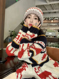 Reindeer Zipper Collar Printed Knitted Cardigan- Outfit