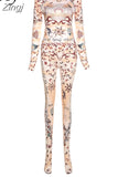 Y2K Autumn Aesthetic Print Stretchy Two Pieces Sets for Women Turtleneck Long Sleeves Crop Top+High Waist Foot Pants