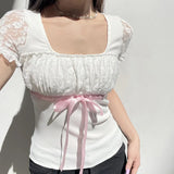Ribbon Bowknot Lace Patchwork TeeOutfit