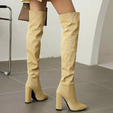 Winter Women Over The Knee Boots Print Pu Square High Heel Knee High Boots Slip On Pointed Toe Long Boots