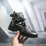 Hollow Short Barrel After Zipper Leather Boots Rivet Large Thick And Round Head Cool