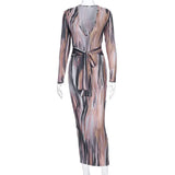 Stripe Tie Dye Printed Women Dress Long Sleeve Sheath With Belt Bandage Dresses Women Streetwear Long Dress Vestido