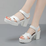 Leather High Heel Waterproof Sandals Women Fashion Crocodile Pattern Walking Shoes Summer Coarse Heel Magic Sticky H Women's