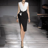 Style 2022 New Summer Women Runway Dress V Neck Sleeveless Fashion Patchwork Clothes Sexy Split Zipper Pencil