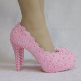 Lace Heels Wedding Shoes Lace Pearl Shoes Size Fine Heel Waterproof Shoes