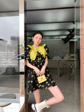 Puff Sleeve Summer Dress Women 2022 Black Yellow Floral Short Sleeve A Line Mini Korean Fashion Designer Dress