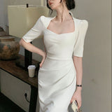 New Elegant Midi Dress For Women Bodycon Office Lady Solid One Piece Slim Clothing Femme Fashion