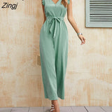 Slim Women Jumpsuit Lace-up Flyer Sleeve Jumpsuit for Women 2022 Summer New Straight Loose Solid Green Cropped