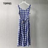 Fashion Plaid O-ring Belt Camisole Dresses Sexy Sleeveless Midi Dress 2021 Summer