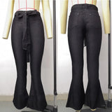 Women Denim Tie Waist Flare Jeans Boyfriend Jeans Ladies High Waist Skinny Bell Bottom Jeans Pants Autumn Wide Leg Jeans