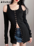SUCHCUTE Gothic Hollow Out Women T-shirts Vintage Long Sleeve Dark Academic Tops Grunge Fairycore Casual 90s Streetwear