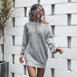 Winter Diagonal Collar Loose Casual Solid Sweater Dress Streetwear Harajuku Y2K Vestido Lantern Sleeve Dresses Robe