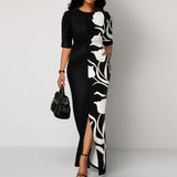 Summer New Elegant Printed Patchwork Pocket Slim Slit Long Dress Women Short Sleeve Evening Party Robe Dresses