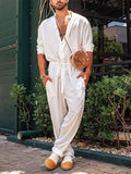 Men Solid Jumpsuit Fashion Long Sleeve Belt Single-Breasted Overalls New Streetwear Summer High Waist Lapel Work Romper For